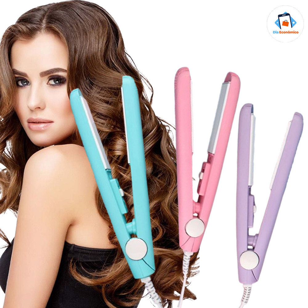 Mini Chapinha Prancha Compacta Cerâmica Super Pequena Prática Portátil 17cm Alisadora Modeladora Bivolt com Estojo Case