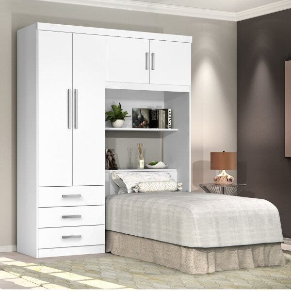 Guarda-Roupa Solteiro com Cabeceira 4 Portas Cancun  Branco em Oferta na Shopee