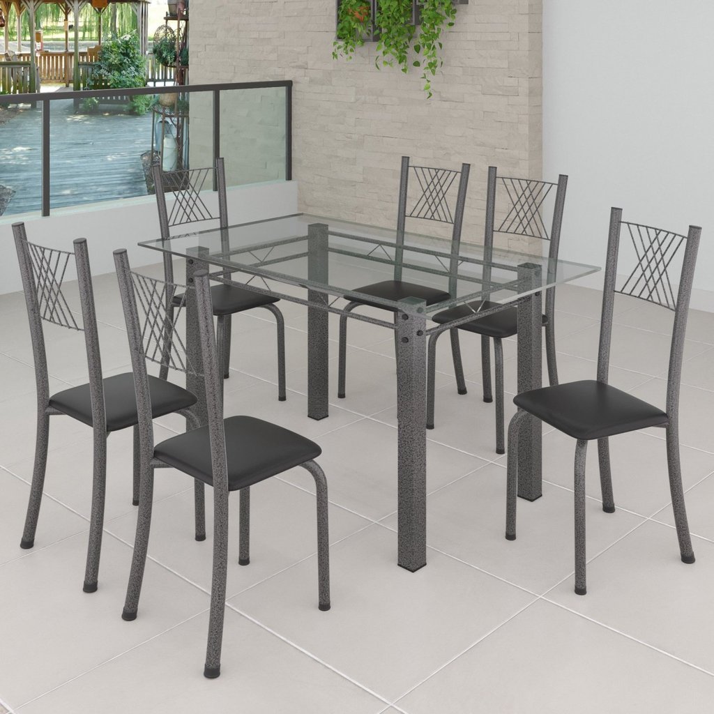 Conjunto de Jantar Mesa 140x75cm Tampo de Vidro Incolor com 6 Cadeiras Sara Yescasa Preto/Prata em Oferta na Shopee
