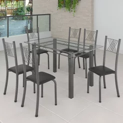 Conjunto de Jantar Mesa 140x75cm Tampo de Vidro Incolor com 6 Cadeiras Sara Yescasa Prata/Preto Liso/Mart Preto/Prata