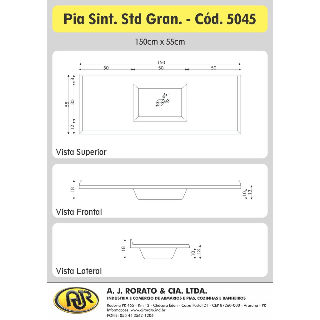 Pia Sintética para Cozinha 150cm x 55cm Aj Rorato Cinza