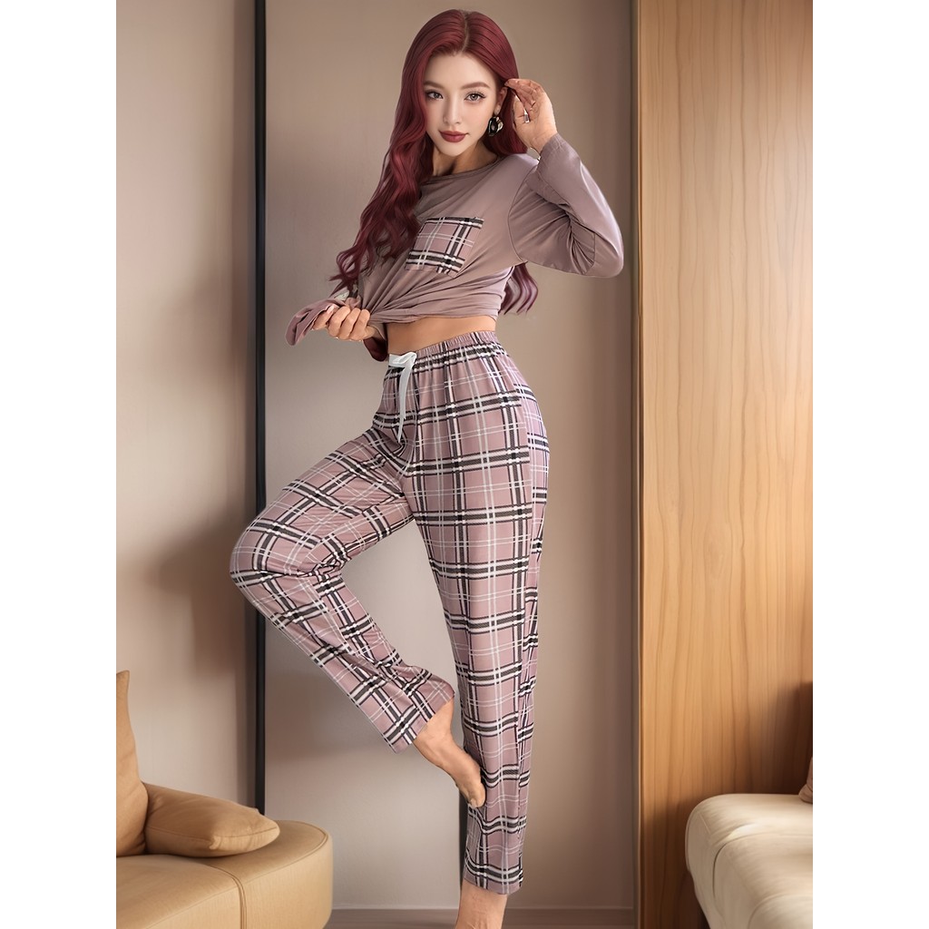 Imagem Europeu americano Loungewear xadrez impresso calças de manga comprida terno de duas peças simples Casual confortável pij