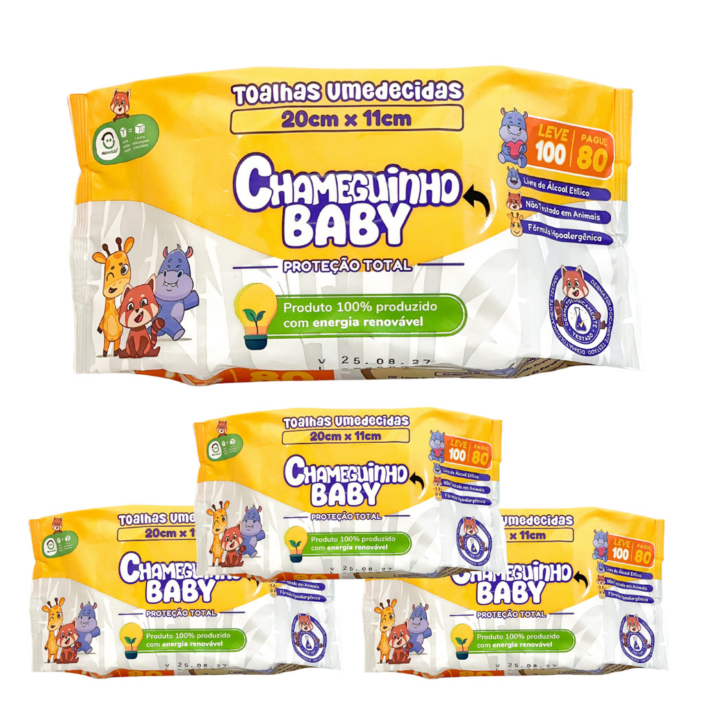 KIT 4 PACOTES CHAMEGUINHO BABY TOALHAS UMEDECIDAS LENÇO 100 FOLHAS CADA em Oferta na Shopee