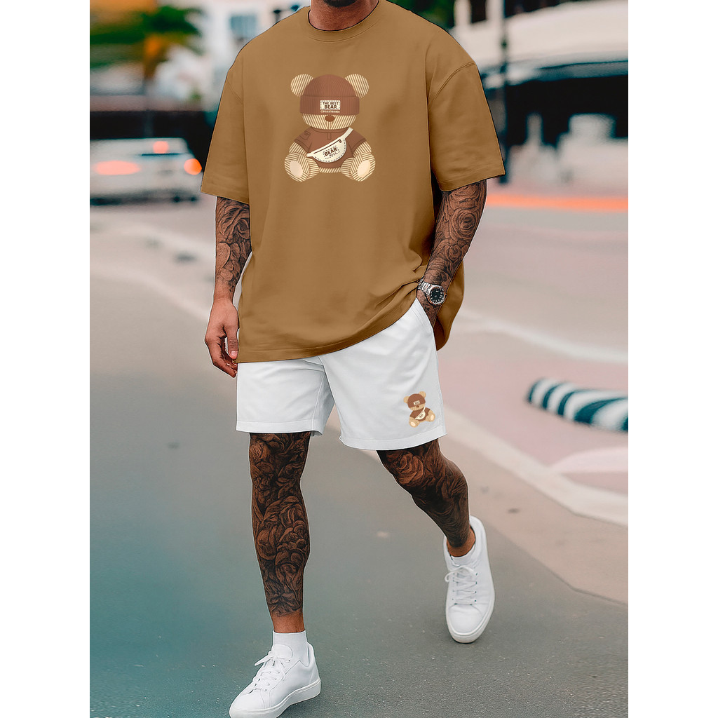 Kit Camiseta Oversized e Short Tactel Masculino Streetwear Urso Toca Camisa Algodão Premium 26.1