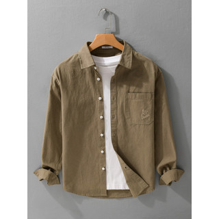 Americano Retro alto bolso fixo camisa bordada masculina de manga comprida primavera outono solto Casual puro algodão te
