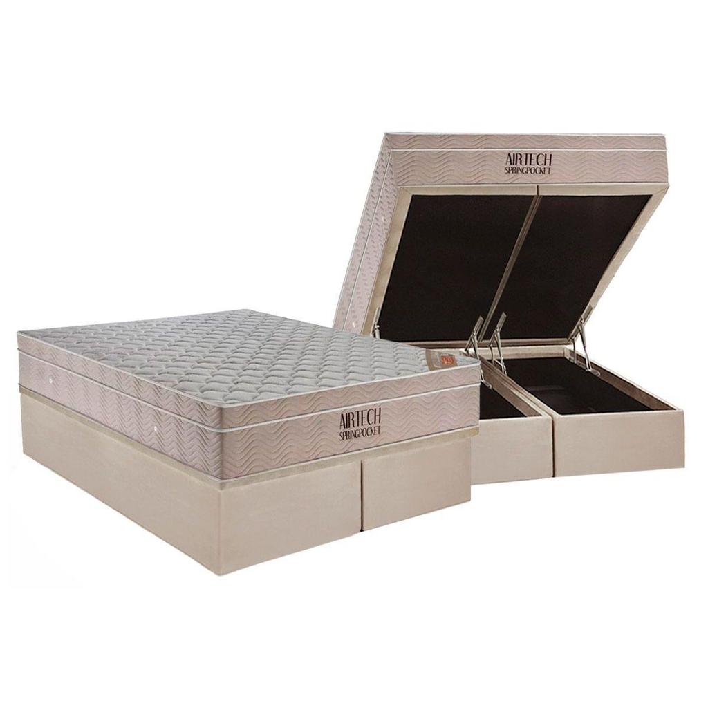 Conjunto Box Baú Queen: Colchão Molas Ortobom SuperPocket Fort Airtech Spring + Base CRC Suede Clean(158x198)