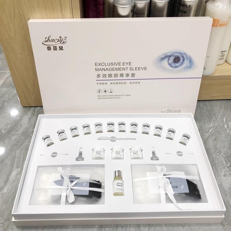 Conjunto de cuidados com os olhos de beleza, salão de beleza, massagem, óleo essencial, hidratante, olheiras, linhas fin