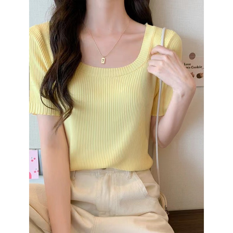 Branco manga curta feminina verão pescoço quadrado curto topo feminino Design nicho roupas femininas 2024 moda na moda m