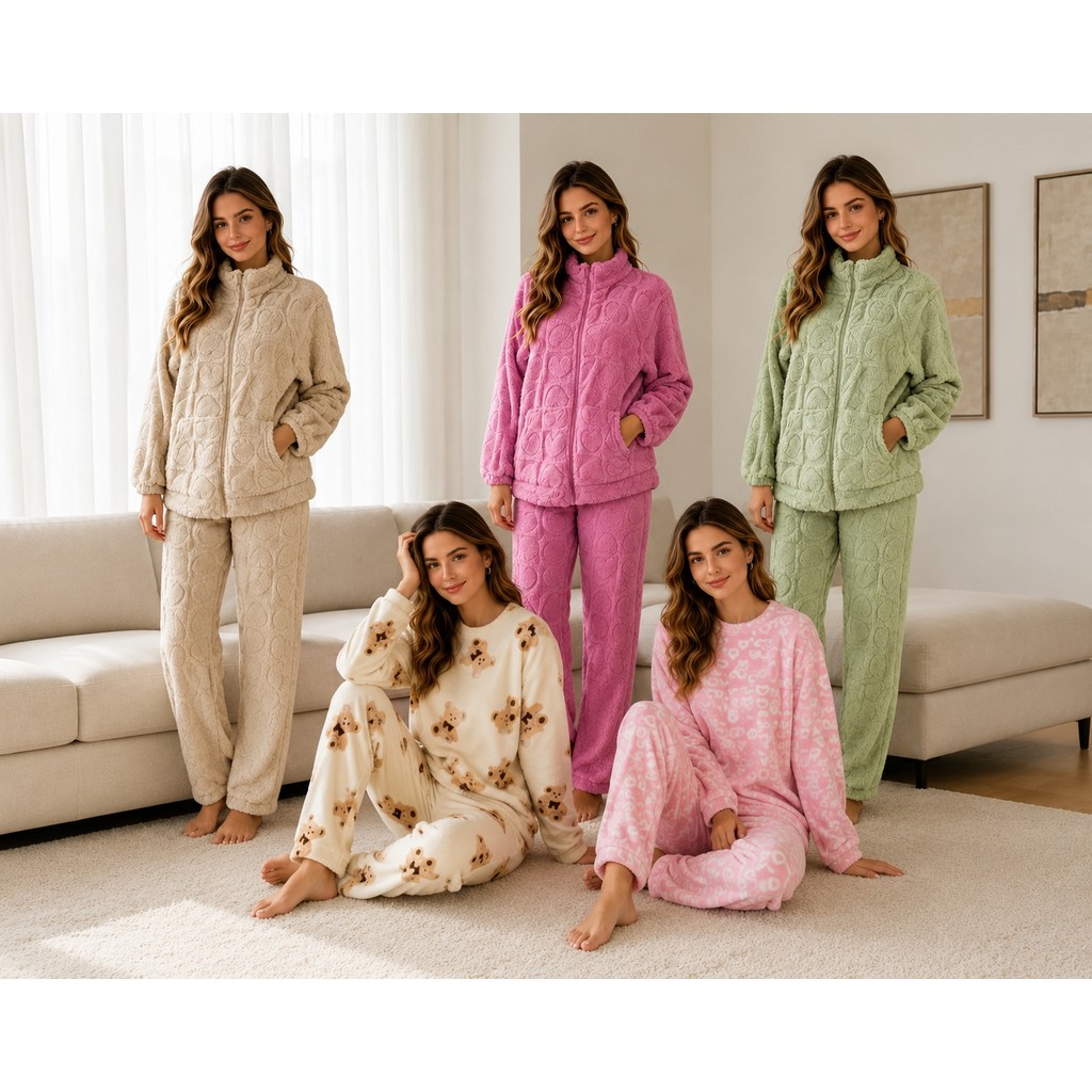 Pijama Feminino Soft Flannel Inverno – Conjunto Quentinho de Manga Longa com Estampas e Jaqueta Fleece