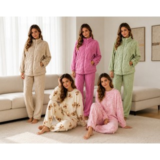Pijama Feminino Soft Flannel Inverno – Conjunto Quentinho de Manga Longa com Estampas e Jaqueta Fleece