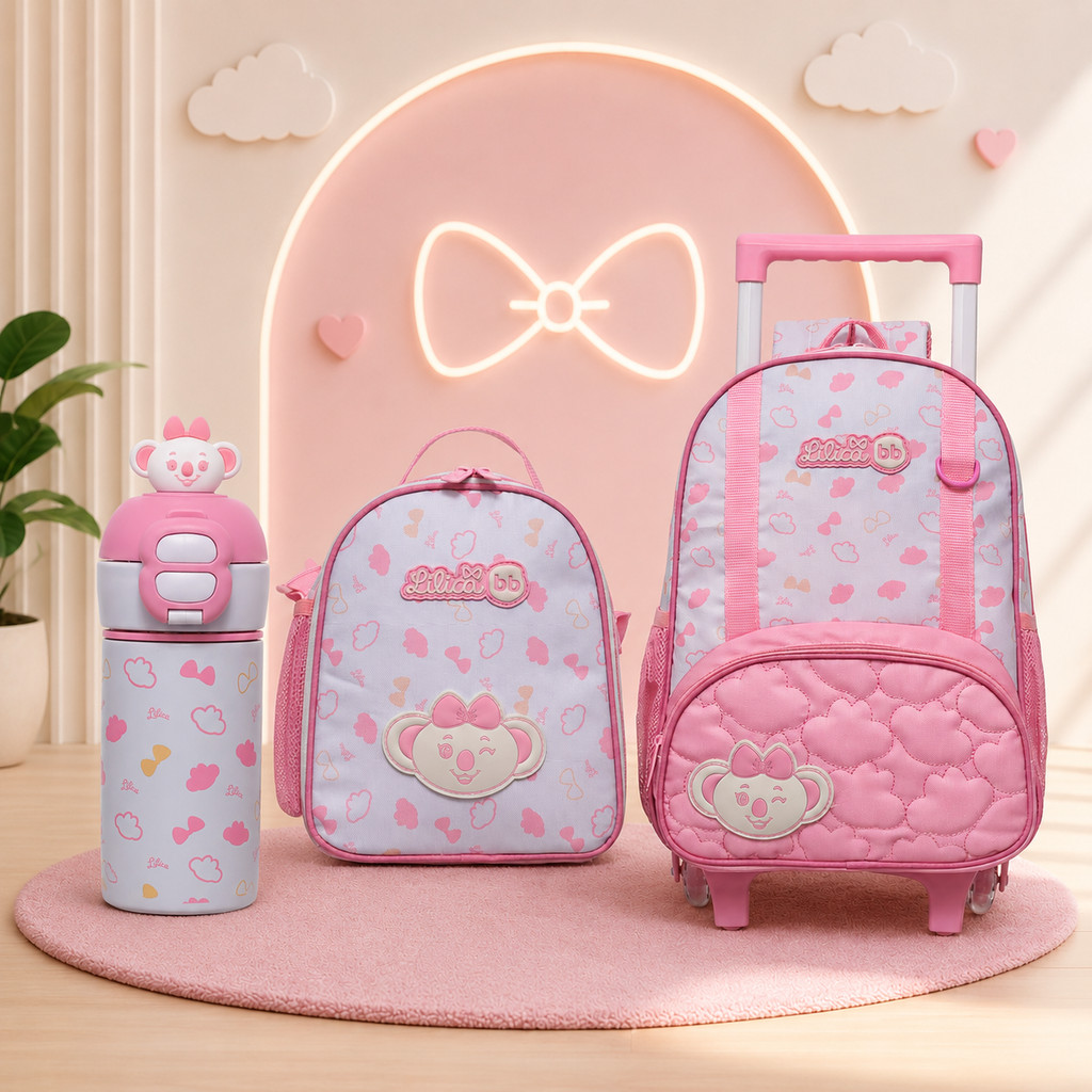 Mochila Rodas Lancheira Garrafa Inox Lilica Ripilica Glow BB