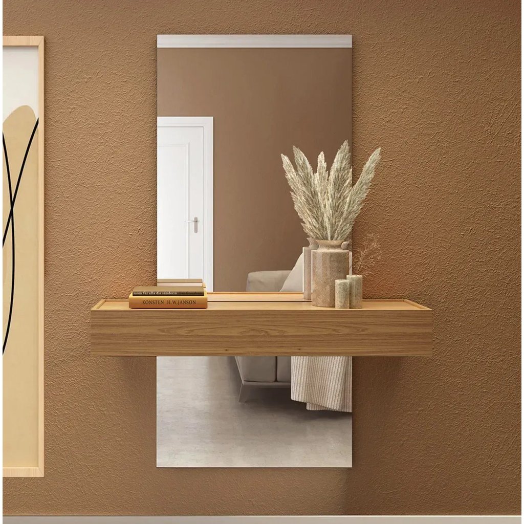 Aparador Suspenso com Espelho 1 Gaveta 100% MDF Freijó Off White 110cm Marrom