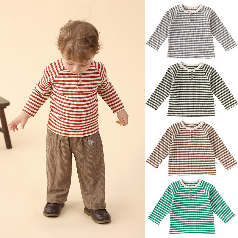 Crianças primavera outono roupas 2025 novo estilo topos roupas infantis meninos meninas bebê manga comprida listrado Bas