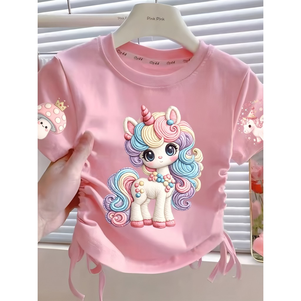 Meninas roupas bonito dos desenhos animados unicórnio impressão de manga curta camiseta verão cordão Design sentir moda 