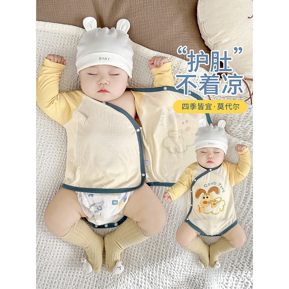 Bebê verão macacão macacão masculino feminino bebê fino roupas de outono Modal proteção da barriga pijamas da criança ro