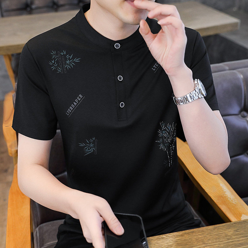 Camisa polo estampada exclusiva com gola alta masculina de manga curta verão High-End estilo chinês gola camiseta meia m