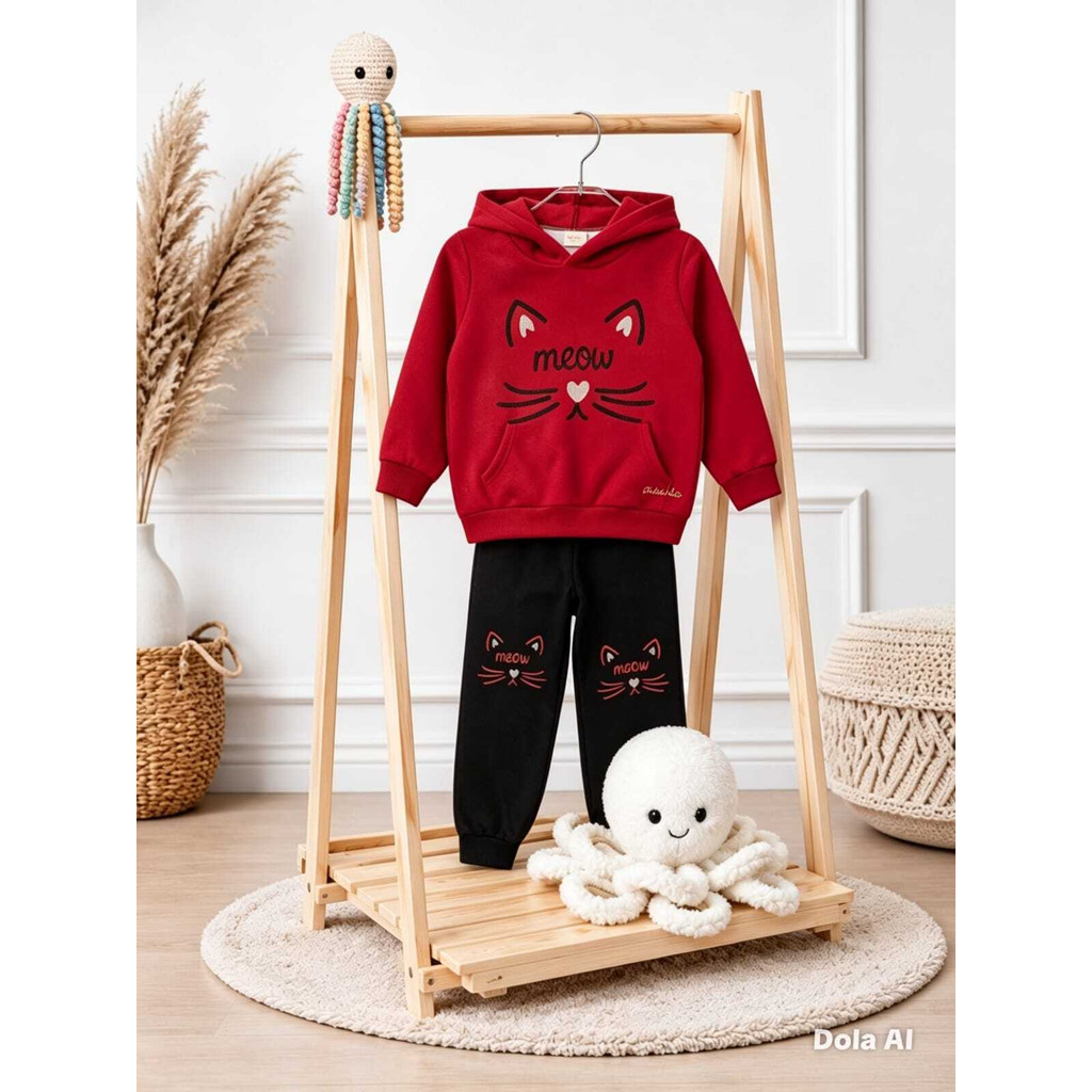 Conjunto Moletom Infantil Menina Gatinha Joelho Meow Faella - Tamanho 4 - Peluciado Confortável