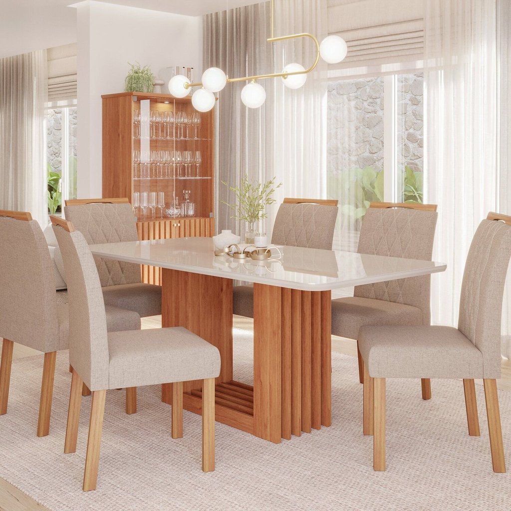Sala de Jantar Ariela 180cm com 6 Cadeira Juliana Marrom/Cinamomo/Off/Mad/Linho Bege