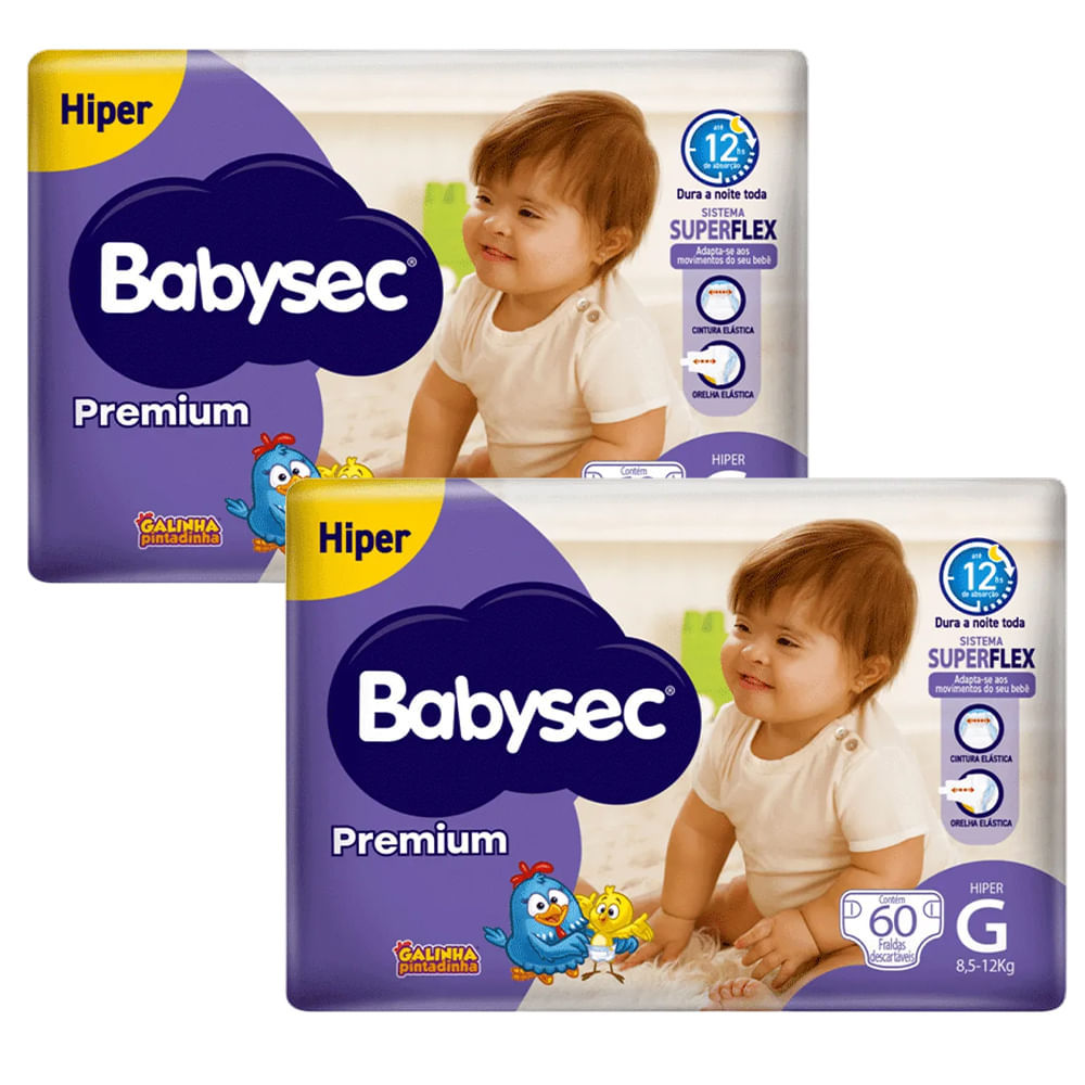 Kit 2 Fraldas Descartáveis Babysec Premium Hiper G - 60 Unidades