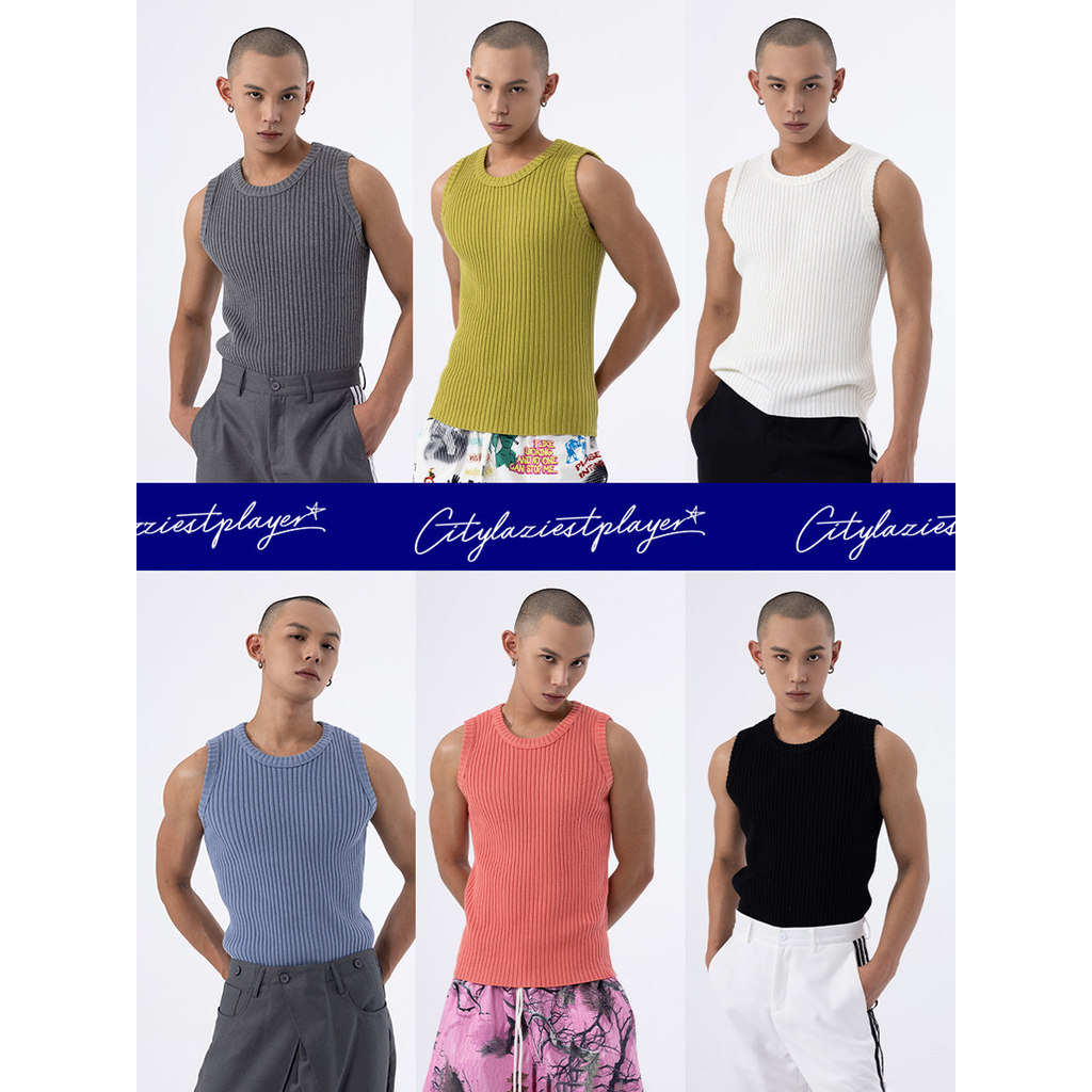 CLP Suéter de malha multicolorido colete redondo pescoço sem mangas colete solto Casual japonês preguiçoso lã Top modern