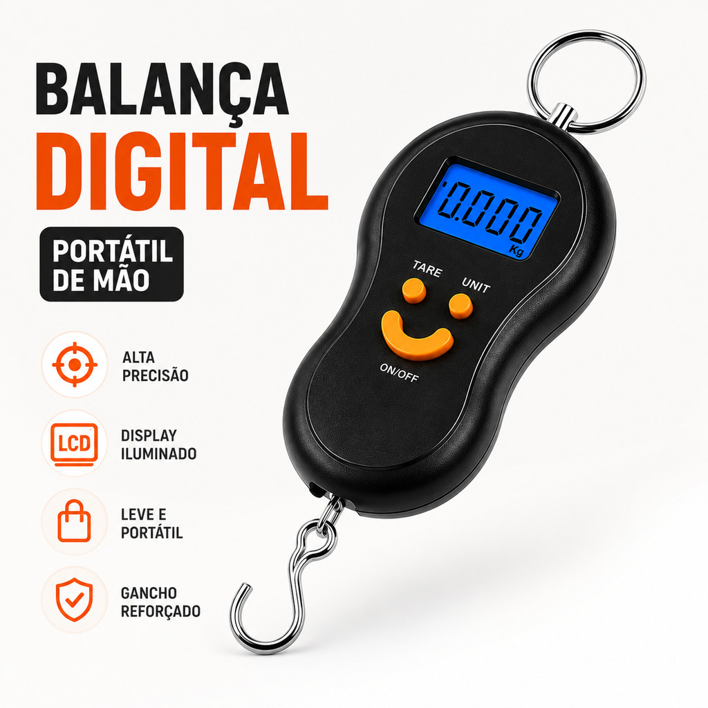 Balança Digital de Mão 50kg Portátil para Bagagem Pesca Cozinha com Gancho LCD Alta Precisão