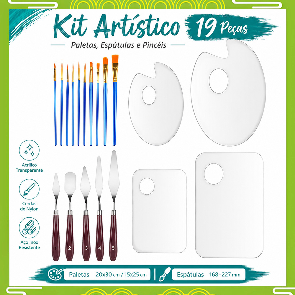 Kit 19 Peças para Pintura com Paletas Transparentes, Facas de Paleta e Pincéis de Nylon para Arte e Técnicas Criativas