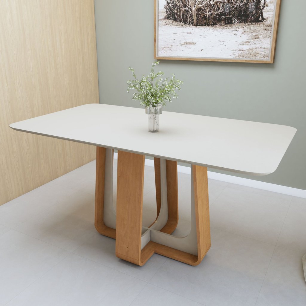 Mesa de Jantar Retangular 6 Lugares Tampo MDF 160cm Sintonia Bege Amêndoa Clean/Off White Off White/Amêndoa Clean