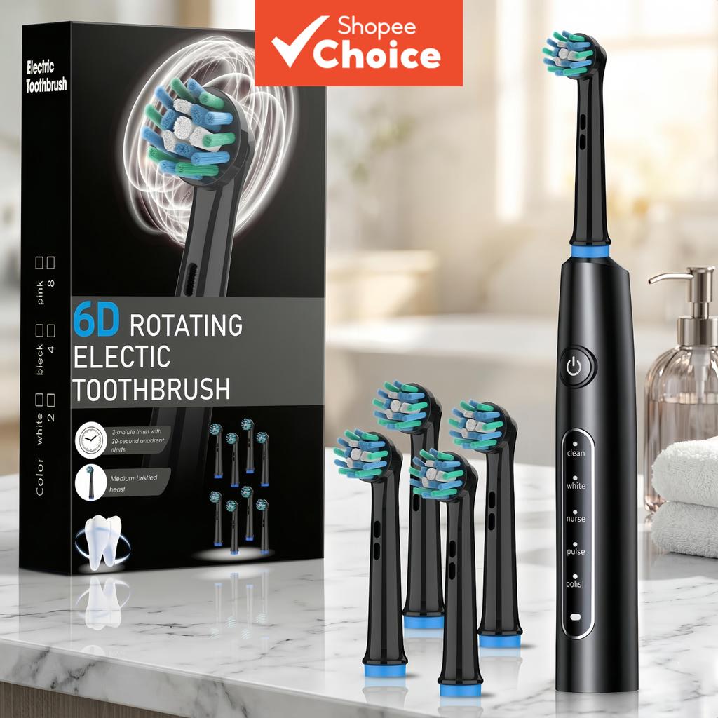 Escova de Dentes Elétrica 6D Giratória para Adultos – 5 Modos de Limpeza, Cerdas