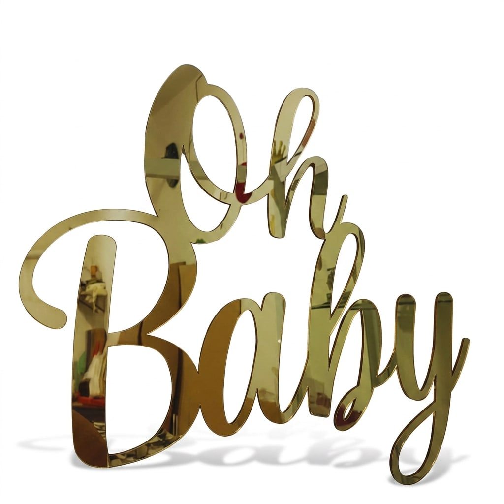 Letreiro Oh Baby em Acrílico Espelhado Decoração Chá de Bebê Casa e Dourado