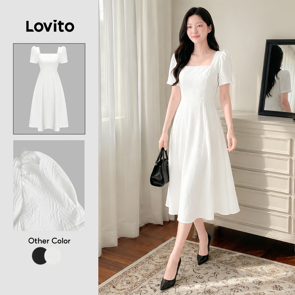 Lovito Elegante Vestido De Verão/Primavera Com Manga Bufante E Gola Quadrada Para Mulheres L65ED170 (Branco)