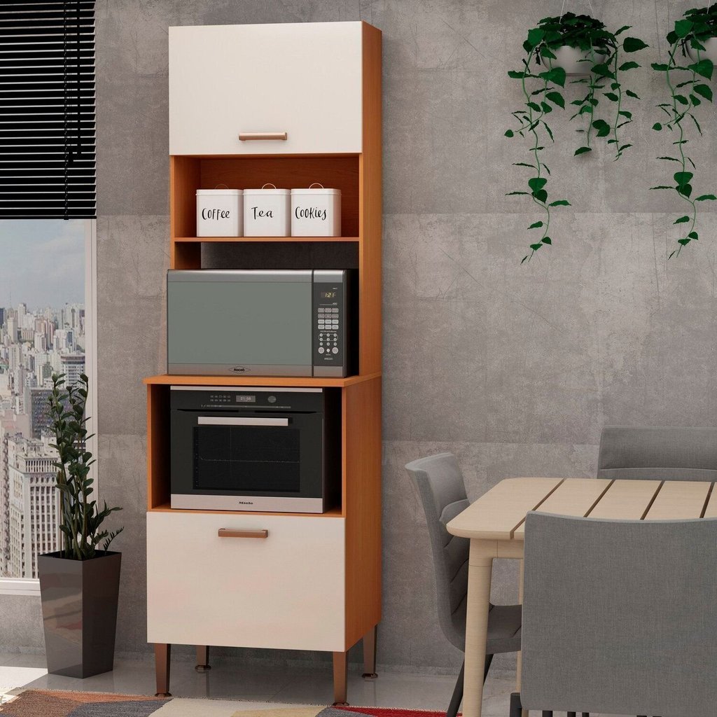 Armário para Cozinha Torre Forno e Microondas 100% MDF Bege/Freijó/Branco