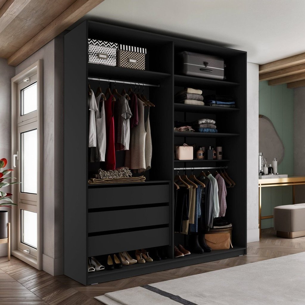 Closet Solteiro 100% MDF BP 159,5cm 3 Gavetas Monreale Cinza/Preto Preto
