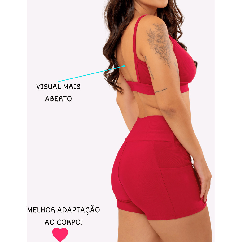 Conjunto Fitness Feminino Cropped e Bermuda Modeladora Cintura Alta Academia Suplex Sem Transparência
