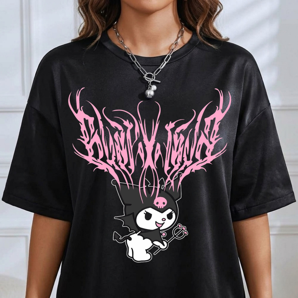 Camiseta Feminina Confortável Estampada Kuromi Tendência 100% Algodão Camisa Desenho Animado T-Shirt Lançamento 