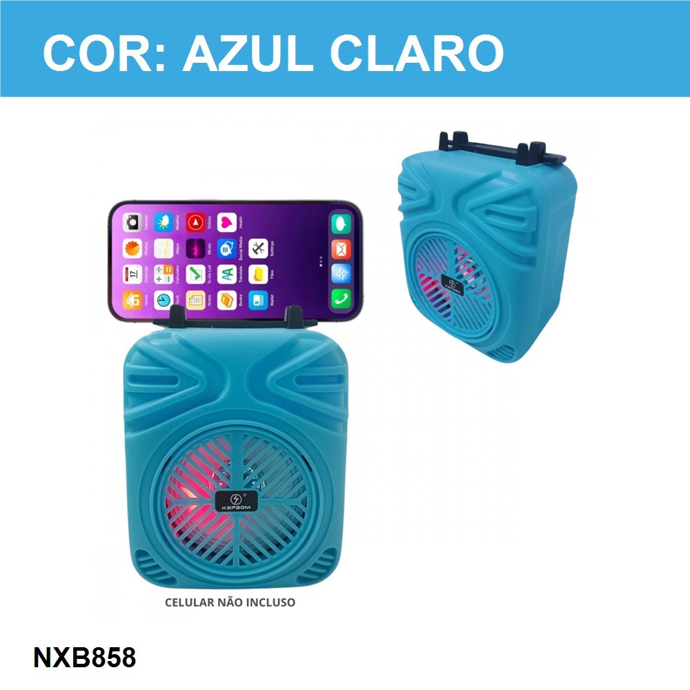 Caixa de Som Bluetooth Kapbom KA-9111 com LED RGB 10W e Suporte para Celular - Cor Azul Claro