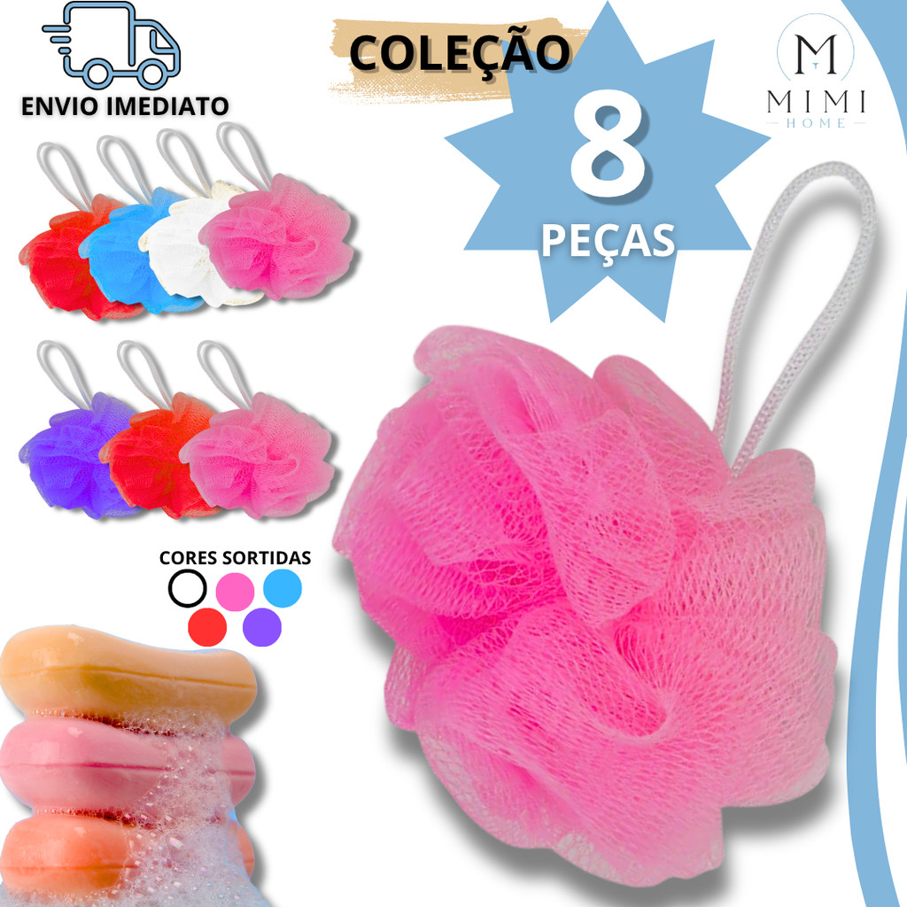 Kit 8 Esponja de Banho Nylon Cores Sortidas com Cordinha para Higiene Pessoal  Casa Academia Viagem