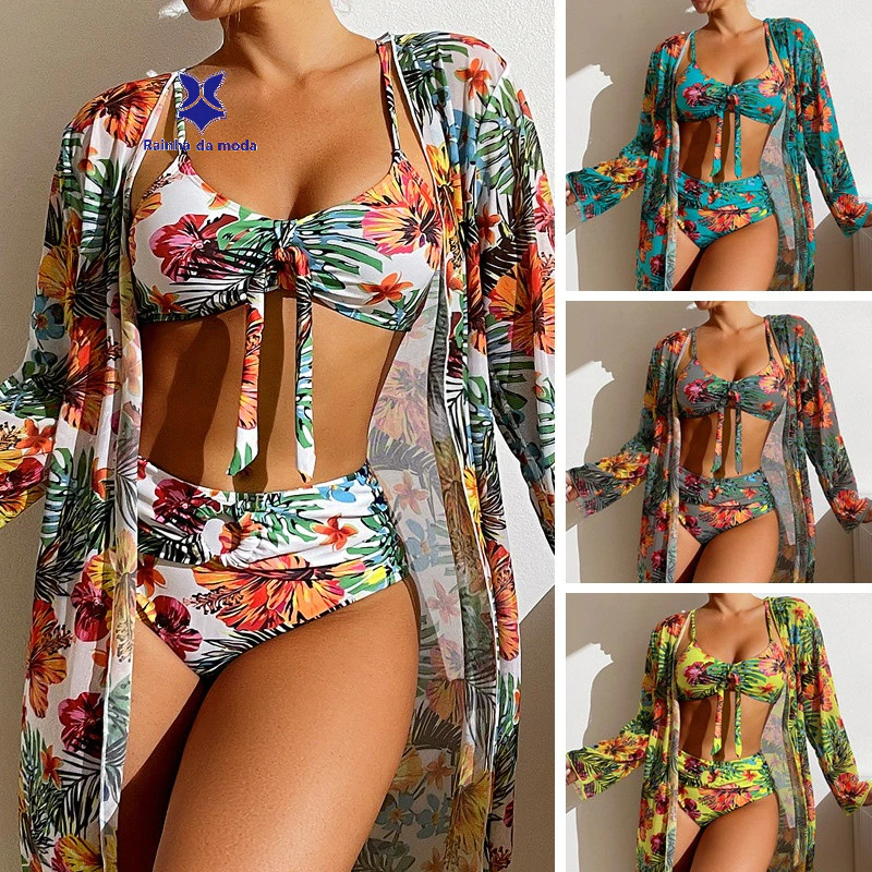 Traje De Banho Para Rio De Três Peças Blusa De Manga Comprida Dividida Com Estampa Sexy Biquíni Feminino — imagem 1