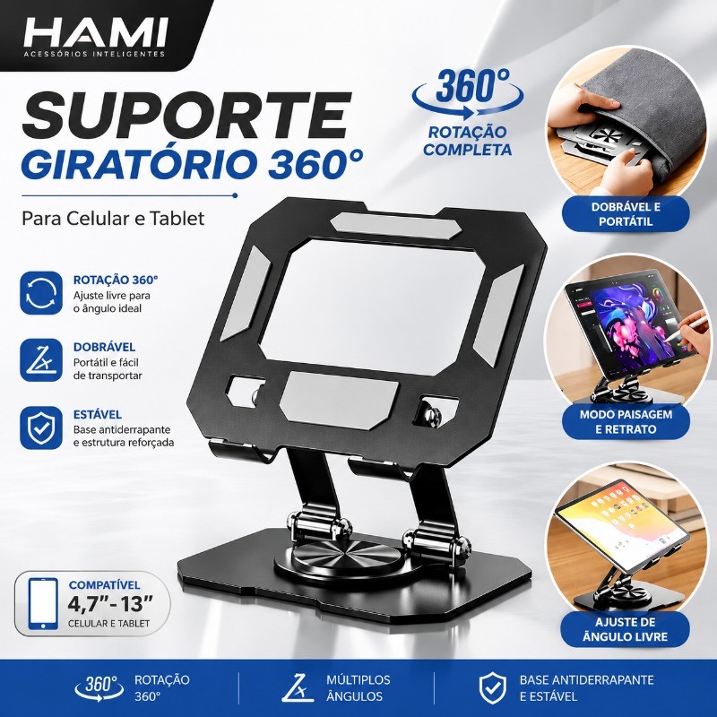 HAMI Suporte de Alumínio para Tablet e iPad, Ajustável, Giratório 360°, Dobrável e Antiderrapante