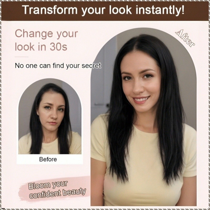 Aplique de cabelo feminino, leve e arejado, com franja natural e volumosa em formato de bloco, oito franjas.
