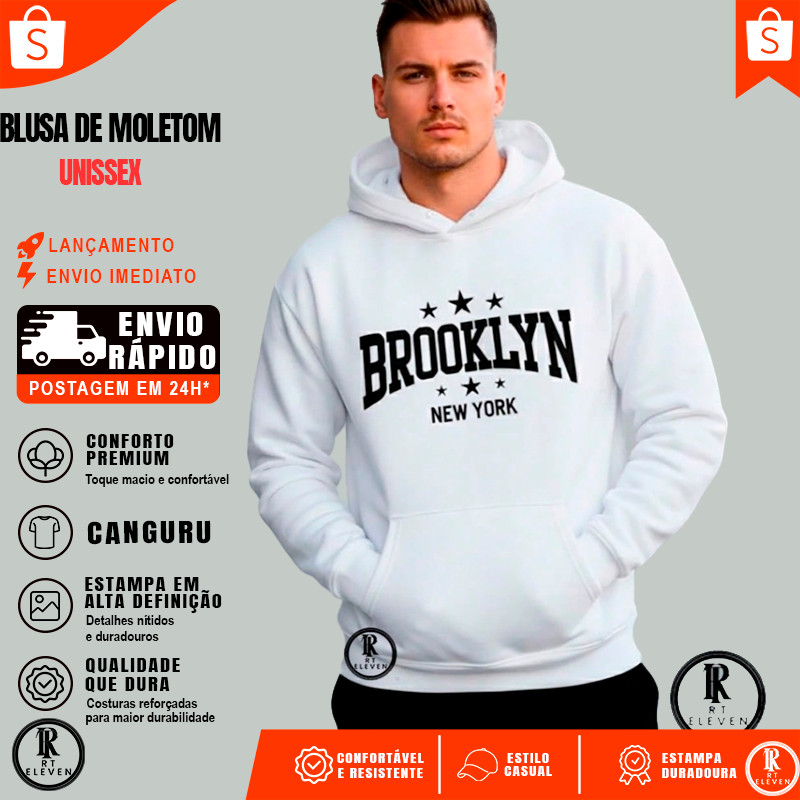 Moletom Brooklyn New York Cit  Blusa de Frio moletom masculino e Feminino com  Bolso Moda casual streetwear Flanelado