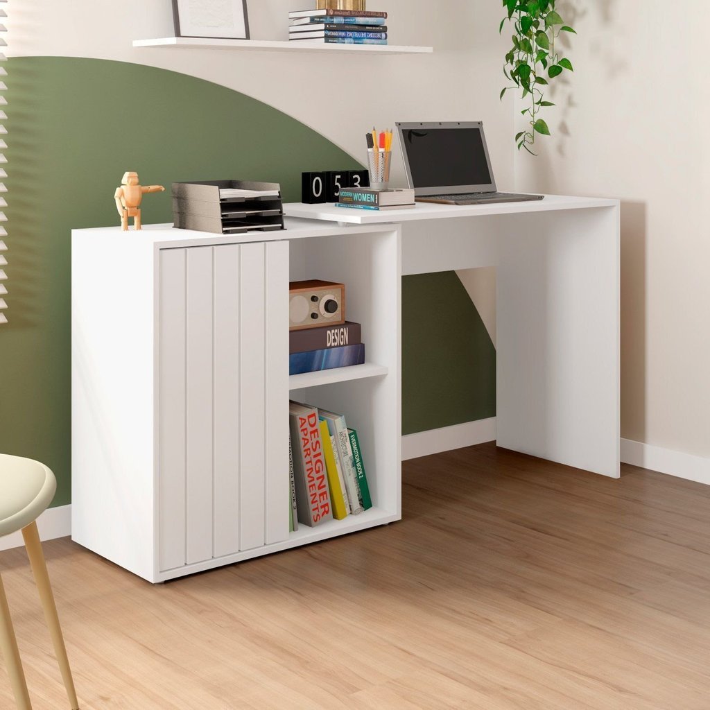 Escrivaninha Mesa Escritório com Ripada Start 1 Porta 140cm Branco Fosco Branco Fosco
