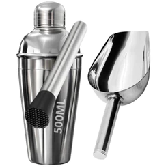 Kit Bartender Coqueteleira Inox 500ml com Socador e Pá para Gelo 3 Peças