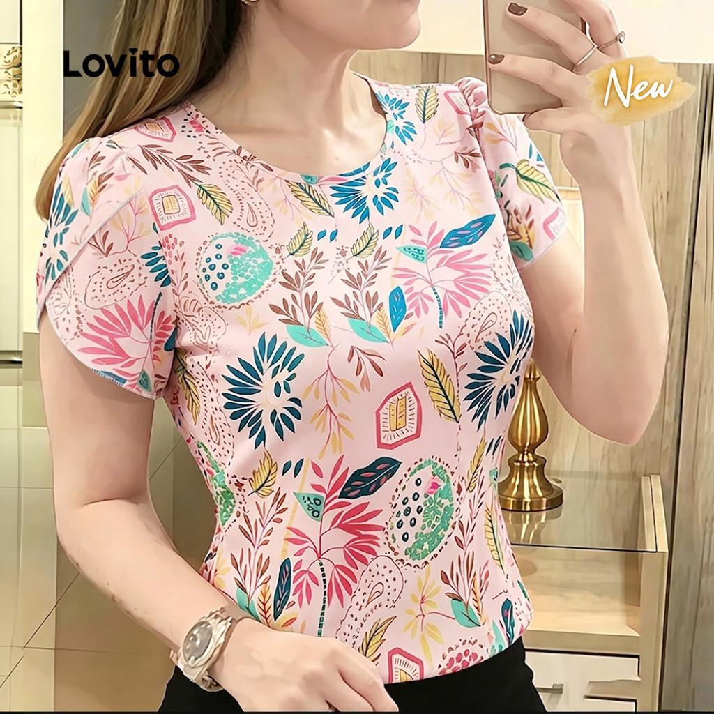 (New Arrival) Lovito Blusa Boho com Botão Estampada Blusa Feminina Primavera/Ver
