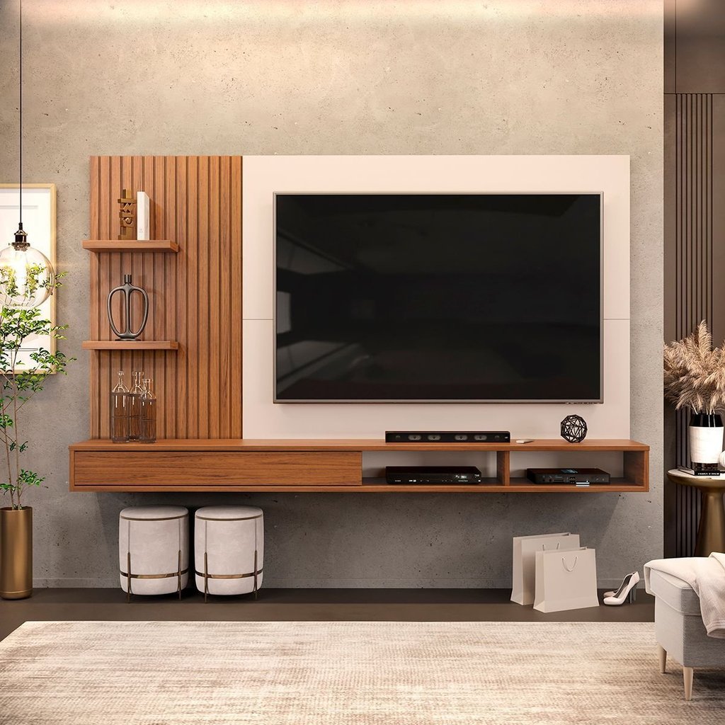 Painel Ripado para TV até 60 Polegadas MDF 190CMX107,8cm Nichos Bento Marrom Fre