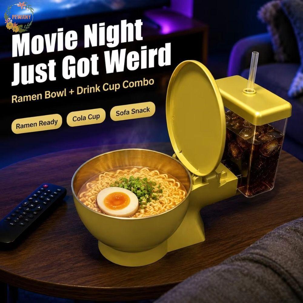 PEEWANY1 Tigela Em Formato De Vaso Sanitário , Copo De Bebida Embutido , Conjunto De Ramen Com Design De Palha , Comida