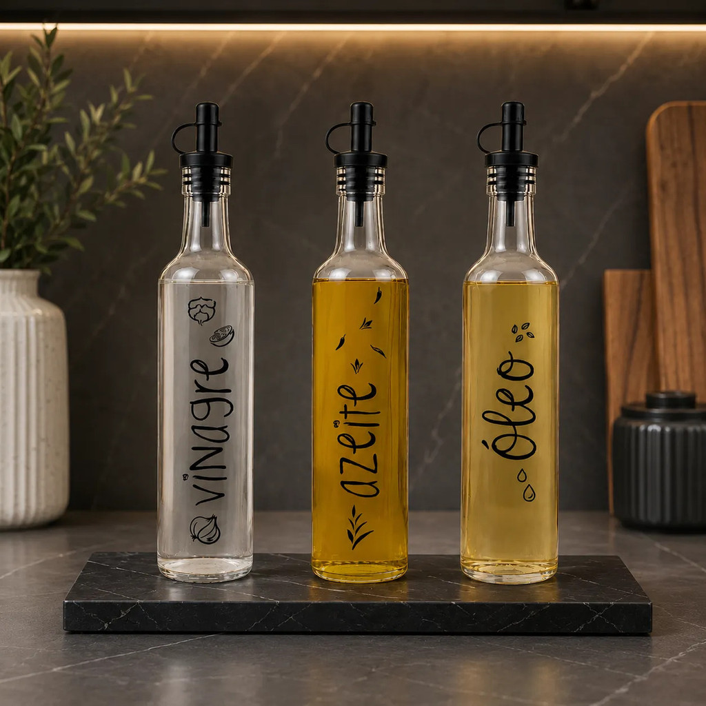 Jogo Galheteiros 500ml Vidro Incolor (azeite, Vinagre, Óleo)