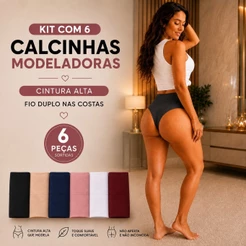 Kit 6 Calcinhas Modeladoras Feminina Cintura Alta Fio Duplo Confortável