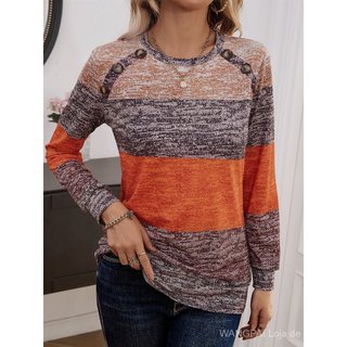 Camiseta Feminina de Manga Longa com Estampa em Blocos de Cores e Botões, Decote Redondo
