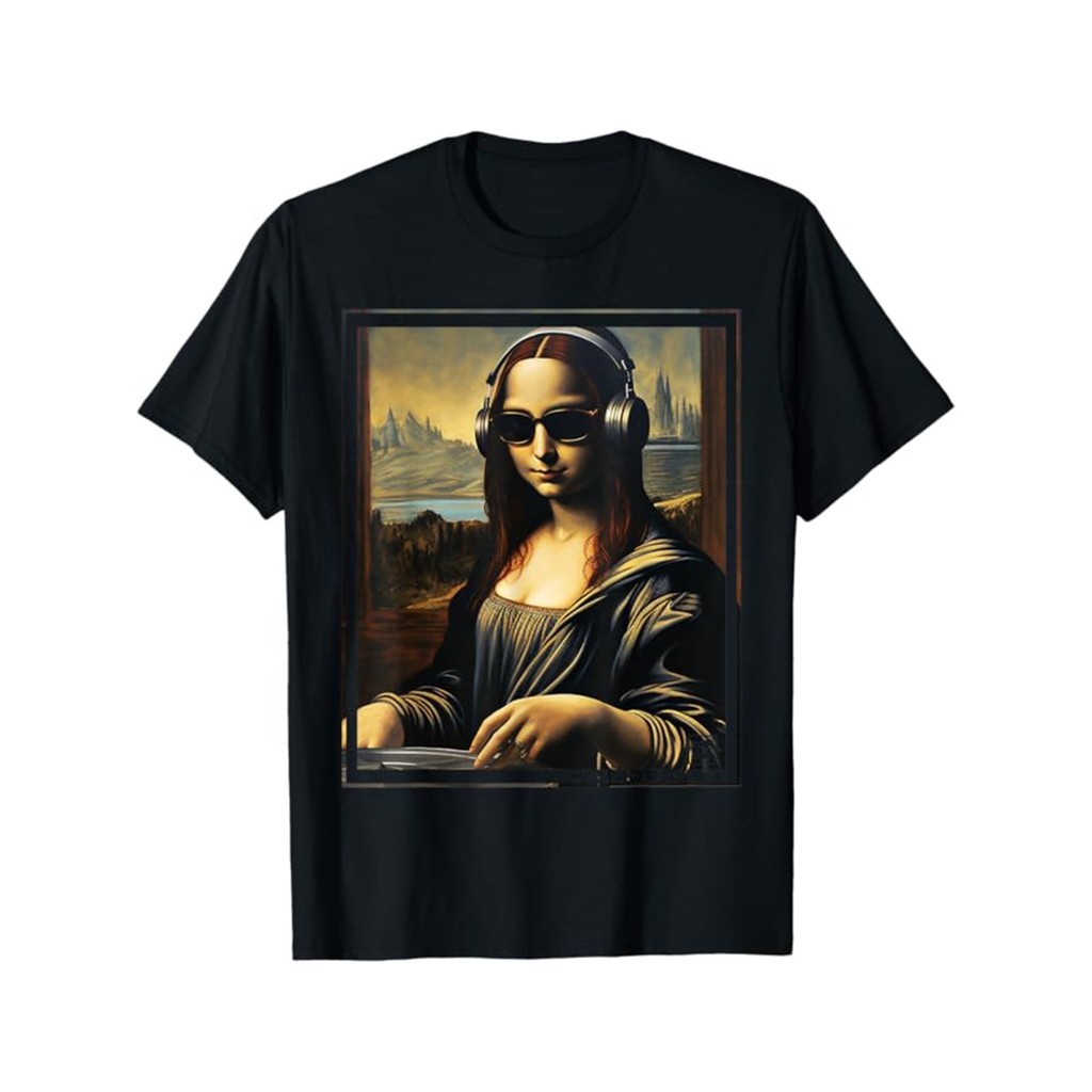 Algodão Masculina com Padrão Divertido da Mona Lisa, Camiseta Gráfica Masculina, Roupas para Exterior, Roupas Masculinas