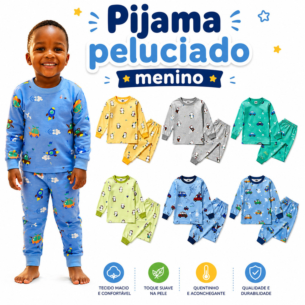 Conjunto Pijama Infantil Masculino Inverno Estampado Peluciado Flanelado Confortável e Quentinho